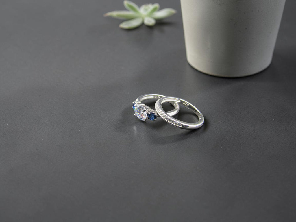 Dúo de Anillos Plata Estilo Corona Real Azul