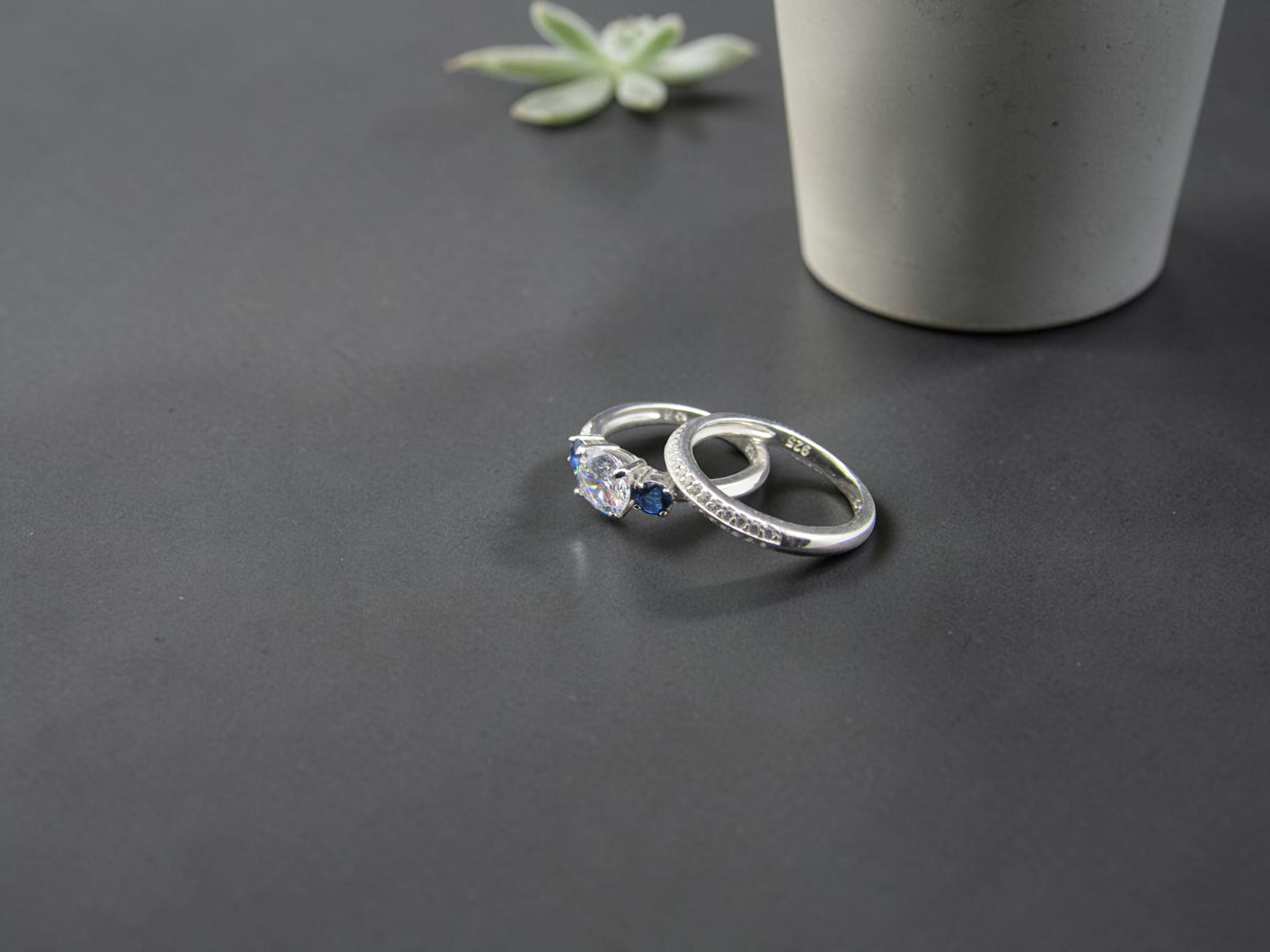 Dúo de Anillos Plata Estilo Corona Real Azul