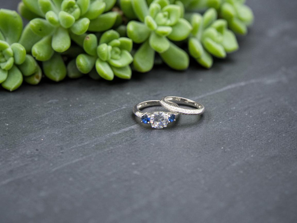 Dúo de Anillos Plata Estilo Corona Real Azul