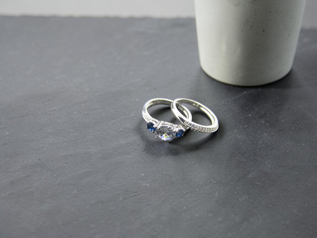 Dúo de Anillos Plata Estilo Corona Real Azul