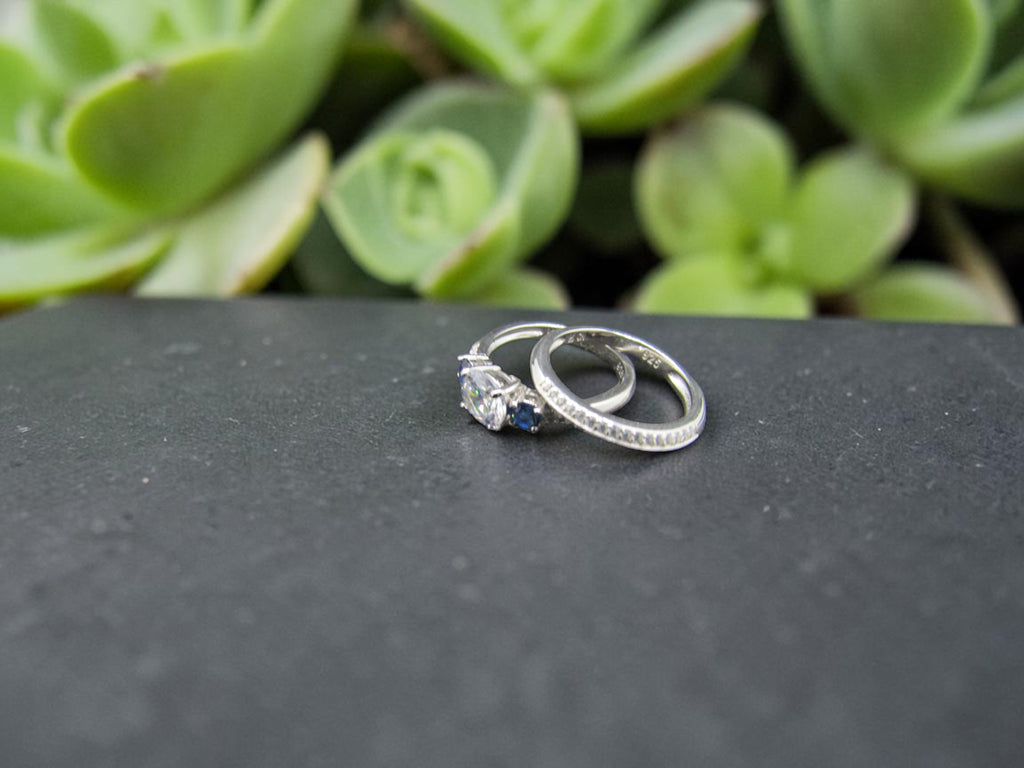 Dúo de Anillos Plata Estilo Corona Real Azul